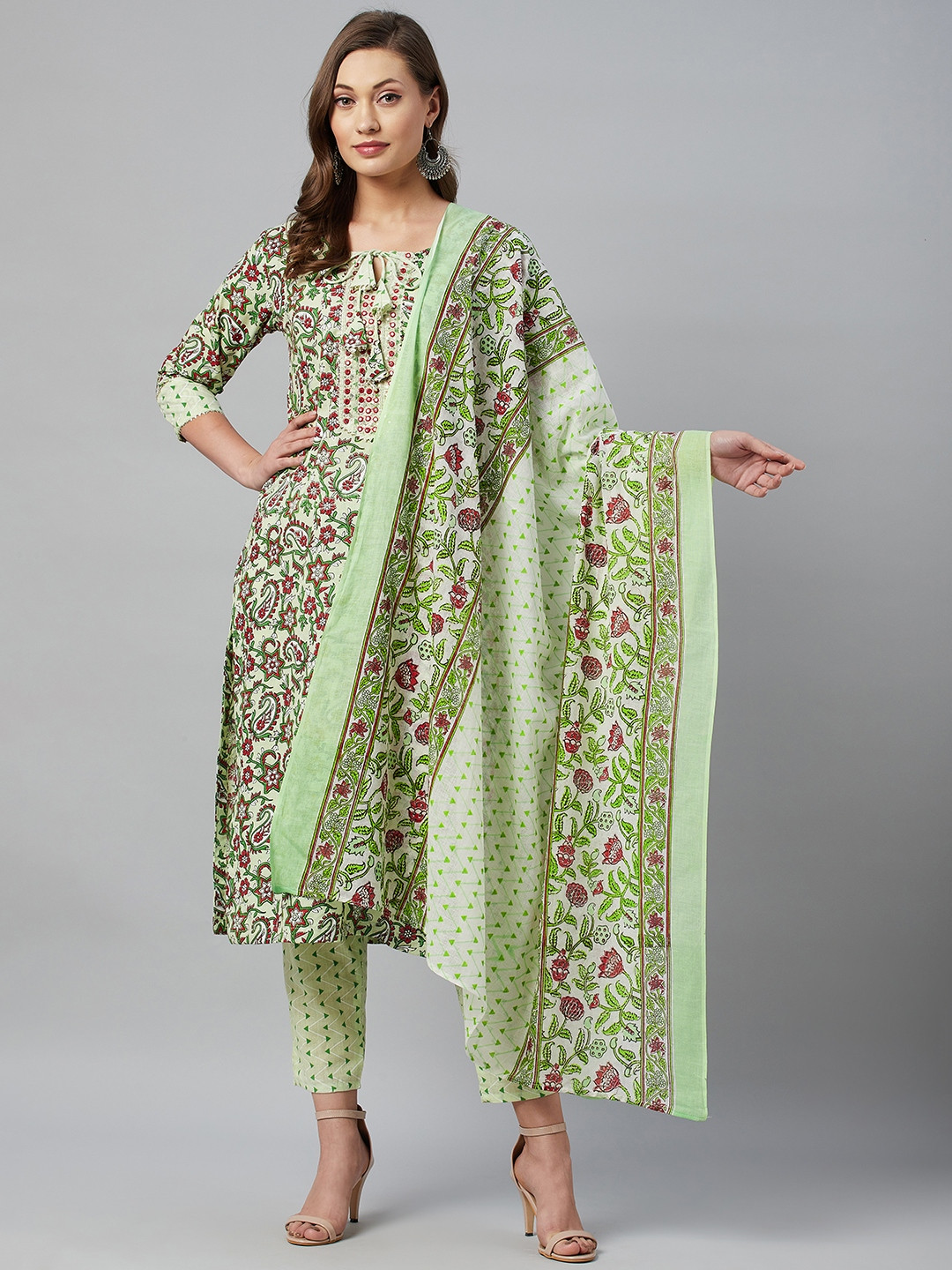 Light Green Embroidered Sequins Ethnic Motifs Kurta with Net Dupatta