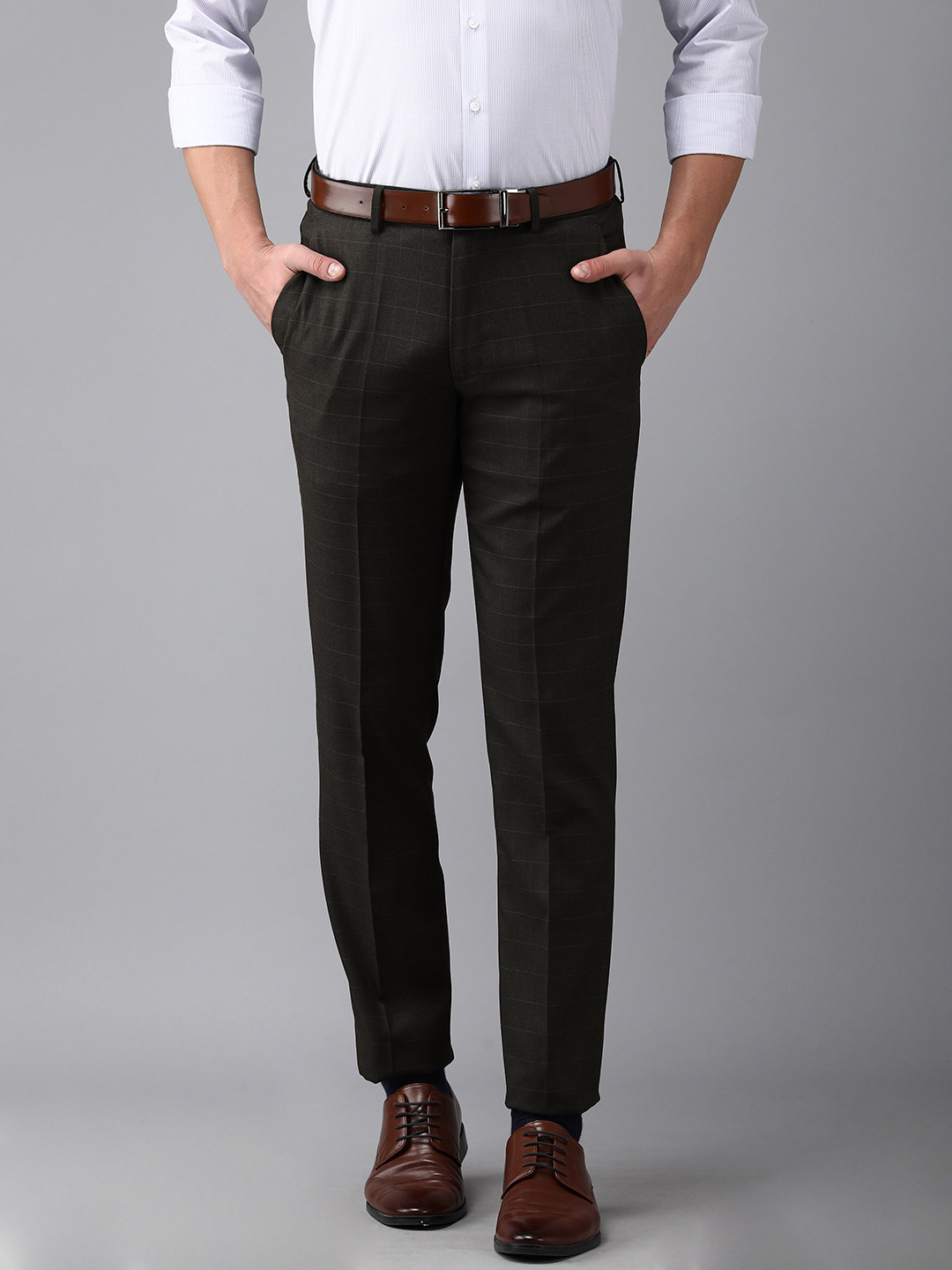 Buy Van Heusen Men Grey Checked Slim Fit Mid Rise Formal Trousers ...