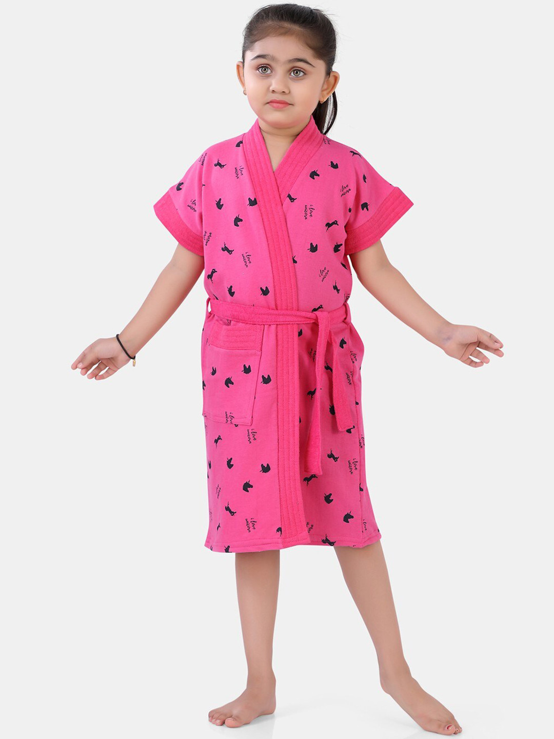 Buy POPLINS Girls Pink & Black Printed Terry Turkish Bathrobe For Kids