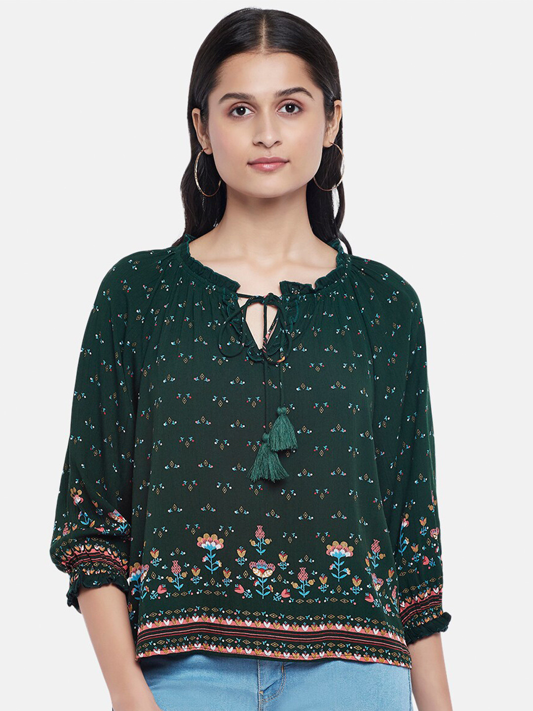 Women's Green Floral Print Crepe Top