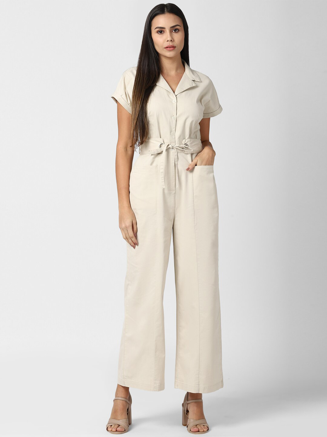 Buy Van Heusen Woman Cream Coloured Waist Tie Up Basic Jumpsuit