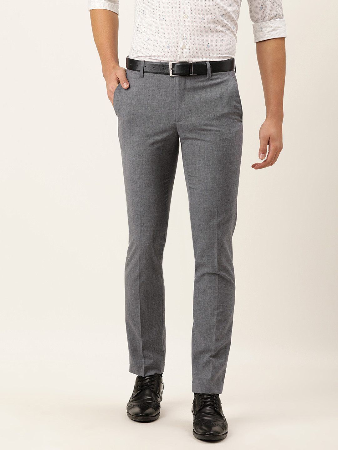Buy Peter England Men Grey Textured Slim Fit Mid Rise Formal Trousers