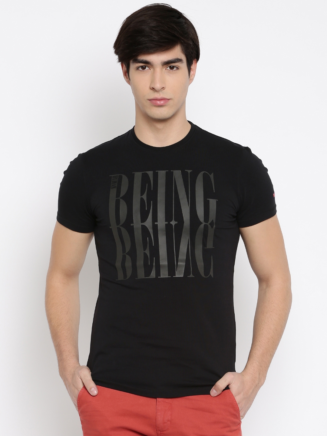 Buy Being Human Clothing Men Black Self Design Round Neck T Shirt 
