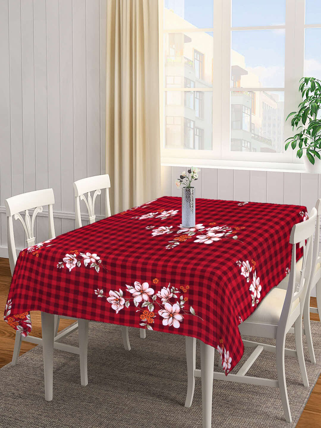 Buy Arrabi Red & White Floral Printed 8 Seater Rectangular Table Cover