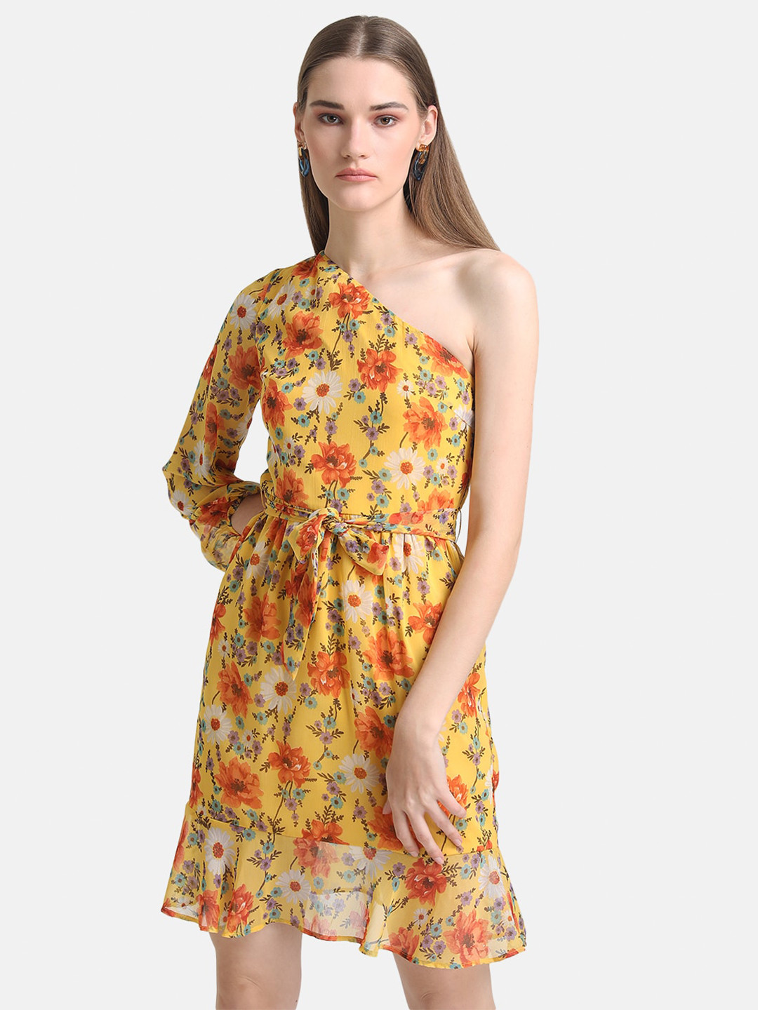 Buy Kazo Yellow Floral One Shoulder Chiffon Dress Dresses for Women