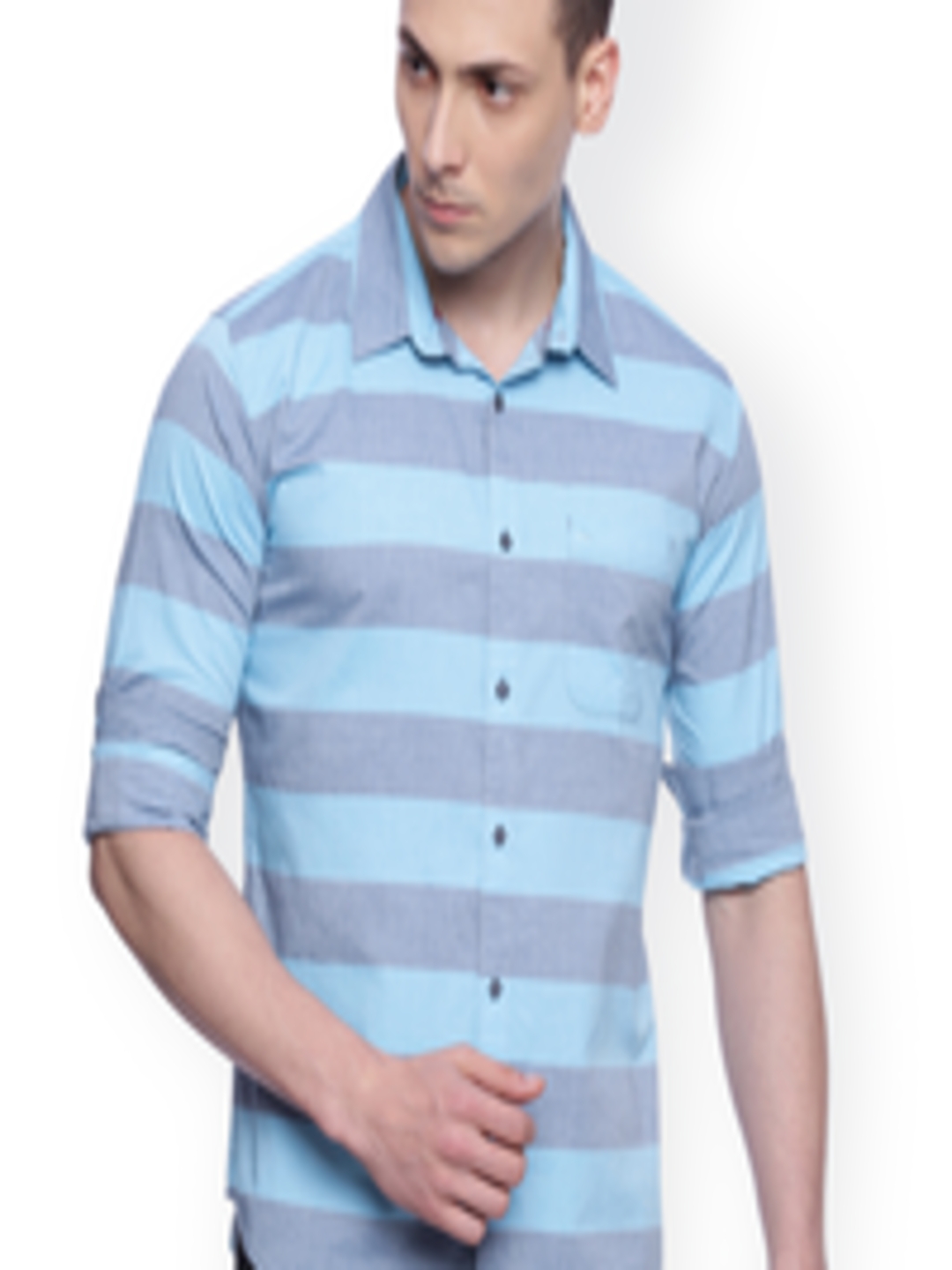 Buy Basics Men Blue & Grey Slim Fit Striped Casual Shirt - Shirts for ...
