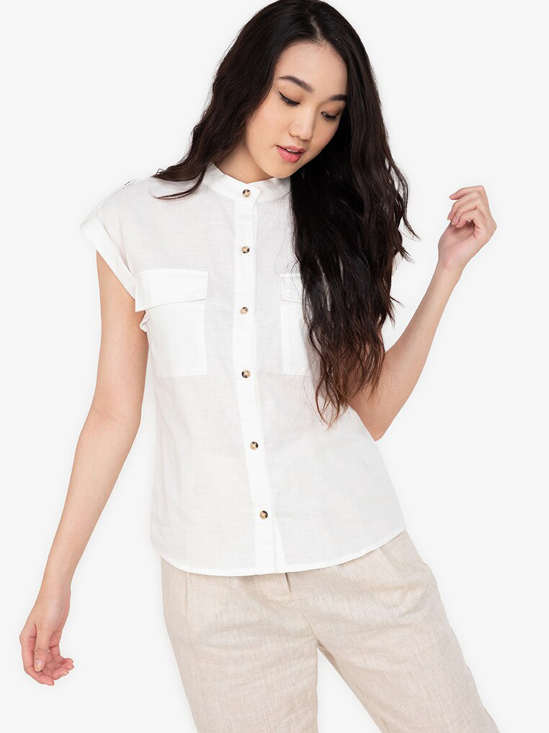 Buy ZALORA BASICS White Relaxed Sleeveless Band Collar Linen Shirt