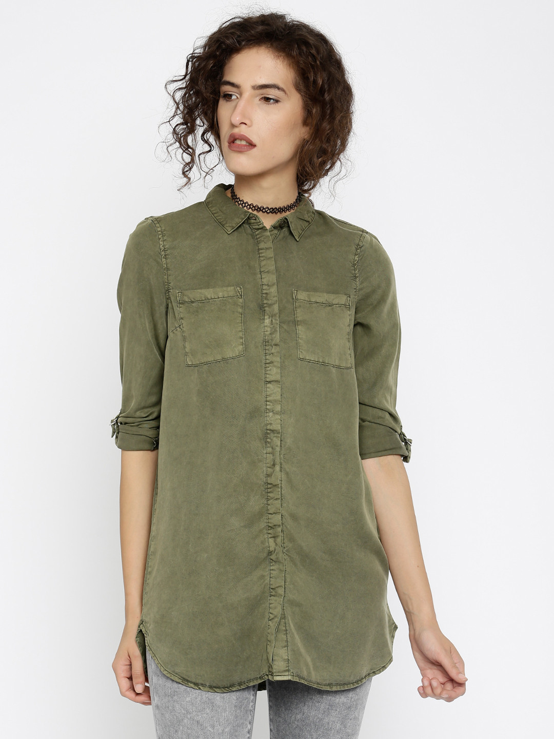 Buy Vero Moda Women Olive Green Longline Shirt Shirts for Women
