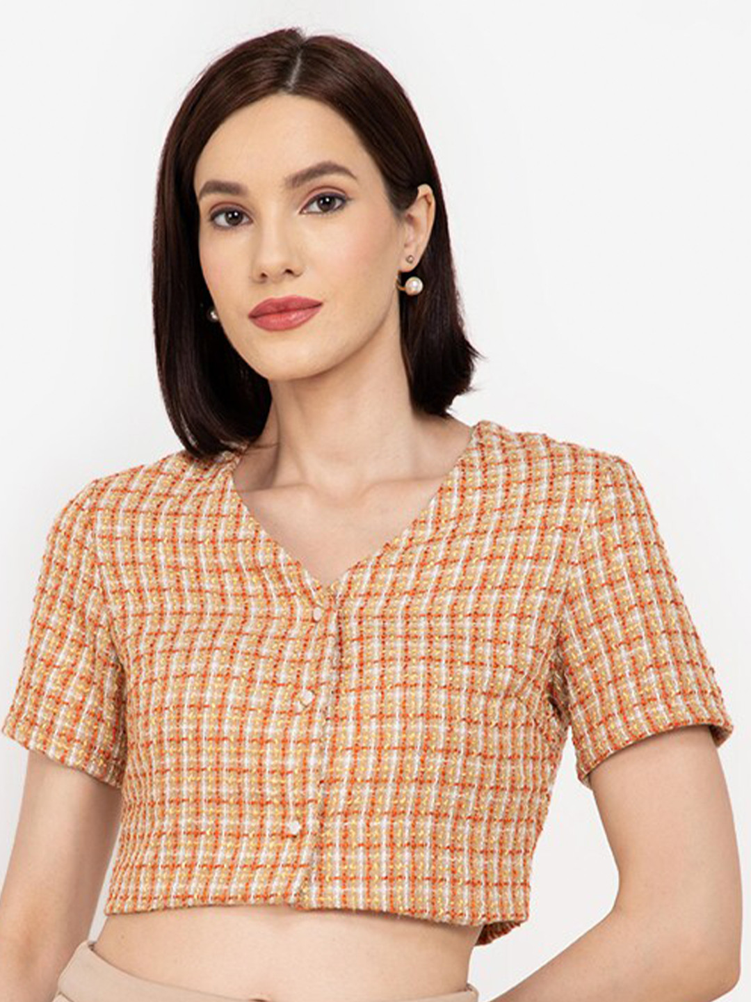 Buy ZALORA WORK Women Cream Coloured & Orange Checked Crop Top Tops