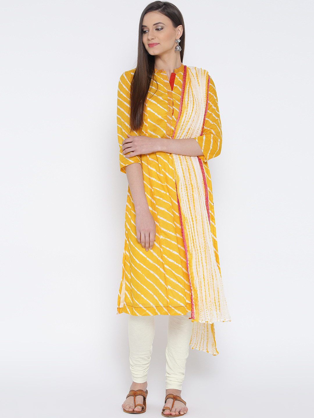 Buy Biba Yellow & Off White Leheriya Print Churidar Kurta With Dupatta
