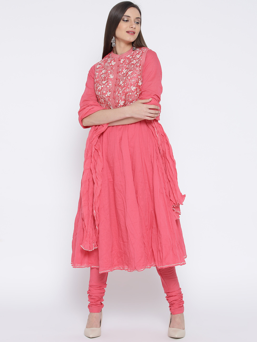 Buy Biba Pink Anarkali Churidar Kurta With Dupatta & Ethnic Jacket