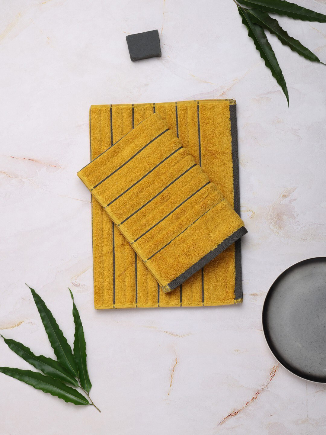 Buy SPACES Unisex Set Of 2 Mustard Yellow Pure Cotton Hand Towel Hand