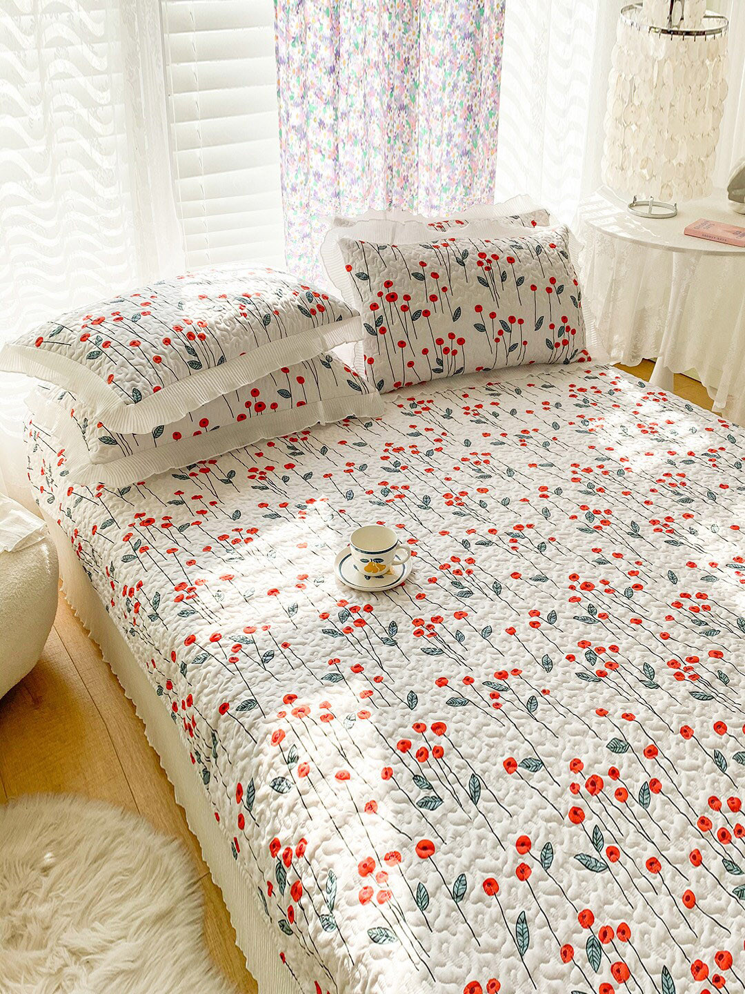 Buy JC Collection White & Red Printed Double King Bed Cover With 2