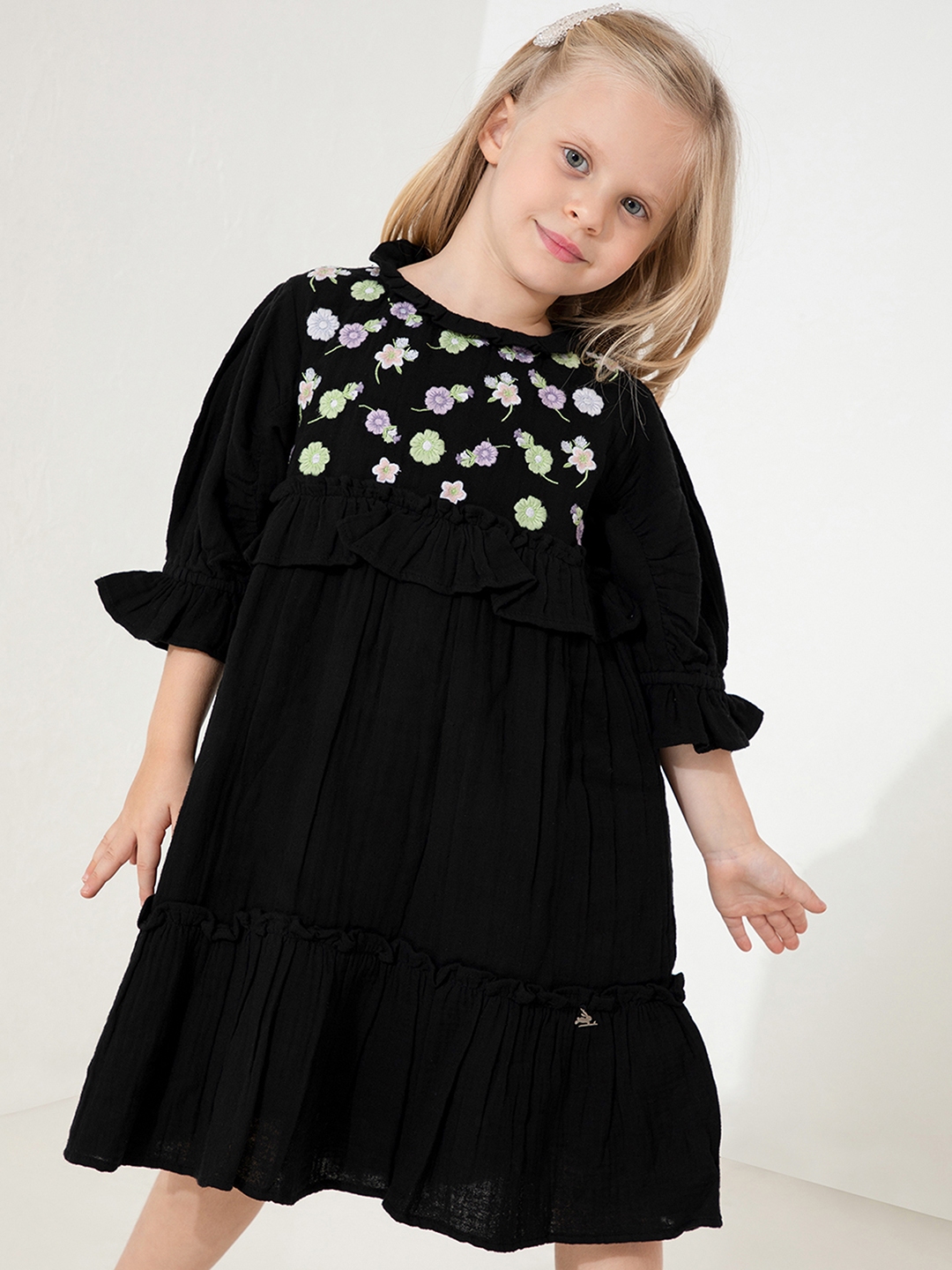Buy Cherry Crumble Girls Black A Line Embroidered Dress - Dresses for ...