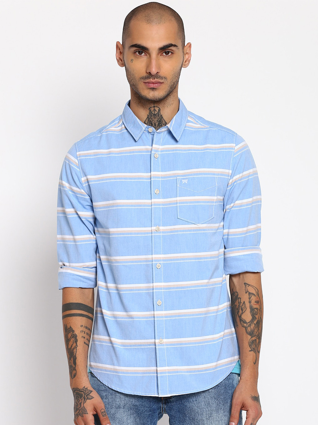 Men's Blue Slim Fit Vertical Striped Cotton Casual Shirt