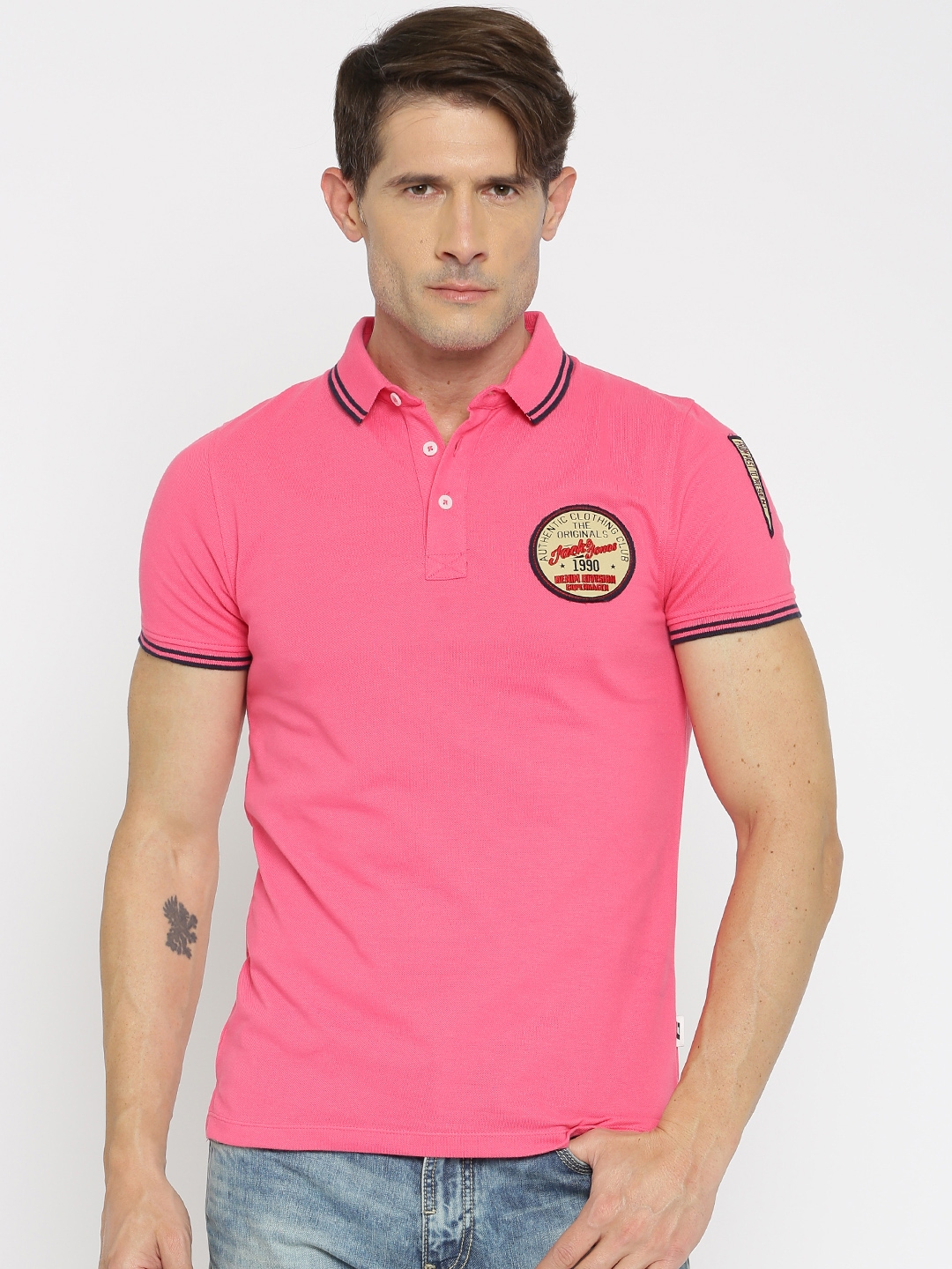 Buy Jack & Jones Men Pink Solid Polo Collar T Shirt - Tshirts for Men ...
