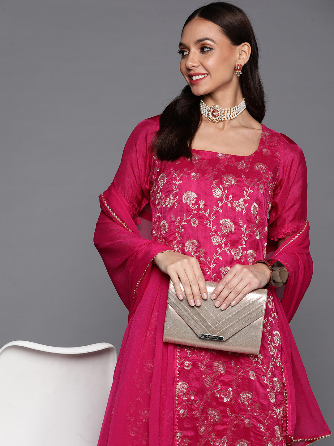 Pink Floral Print Cotton  Kurta, Trouser & Dupatta main image 1