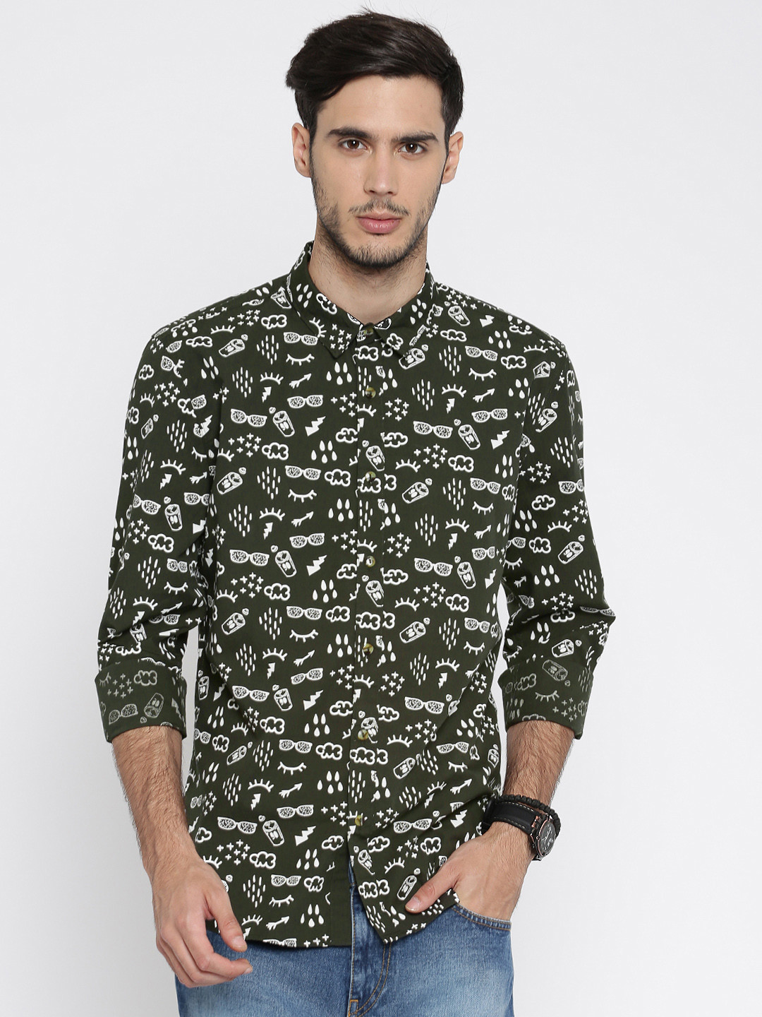 Buy Jack & Jones Men Green & White Slim Fit Printed Casual Shirt