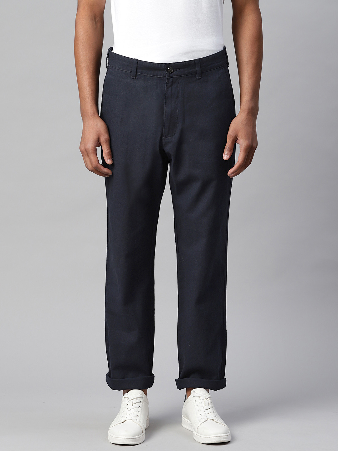Buy Marks & Spencer Men Navy Blue Linen Cotton Solid Trousers