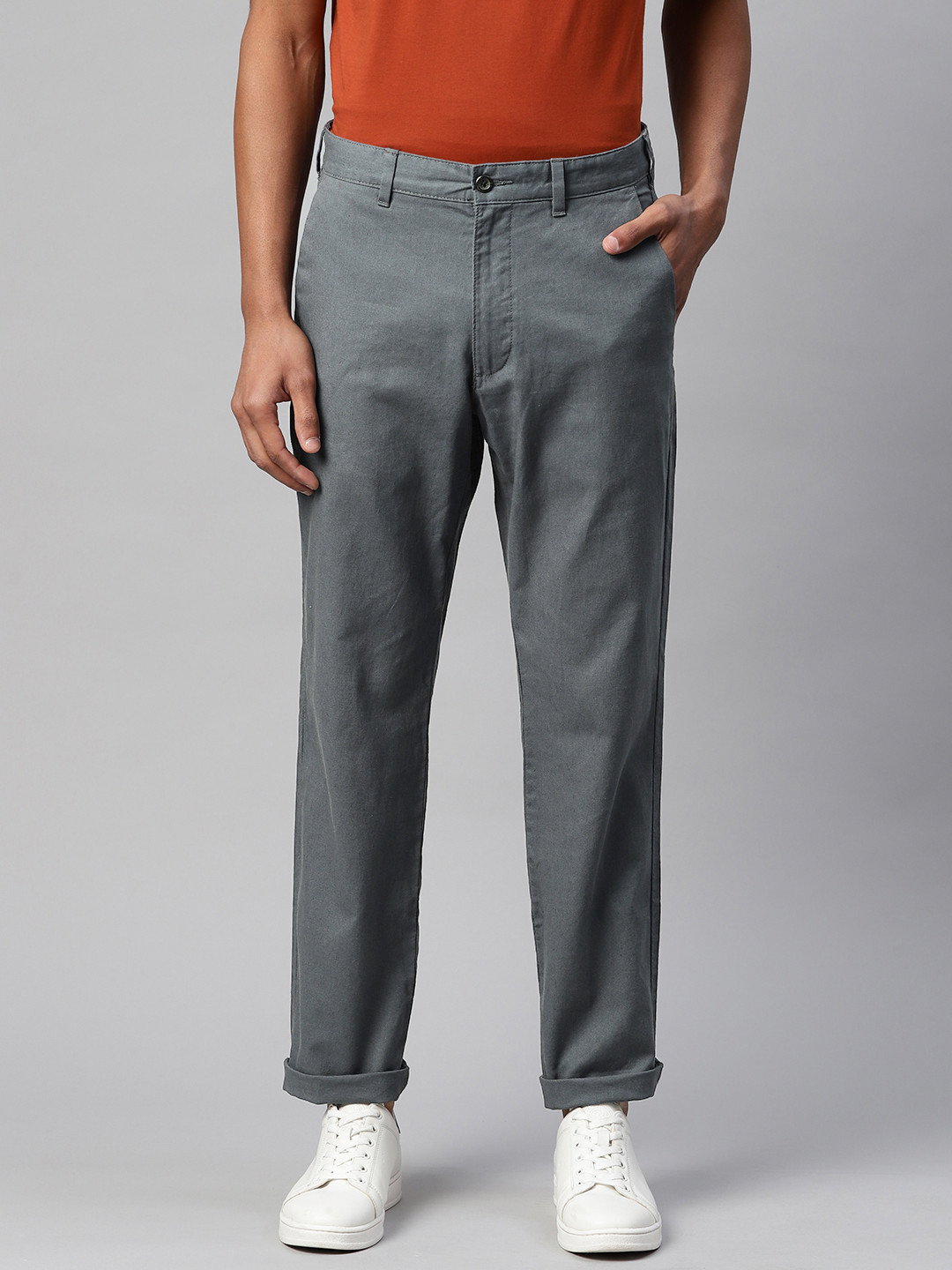 Buy Marks & Spencer Men Charcoal Grey Linen Cotton Solid Trousers ...