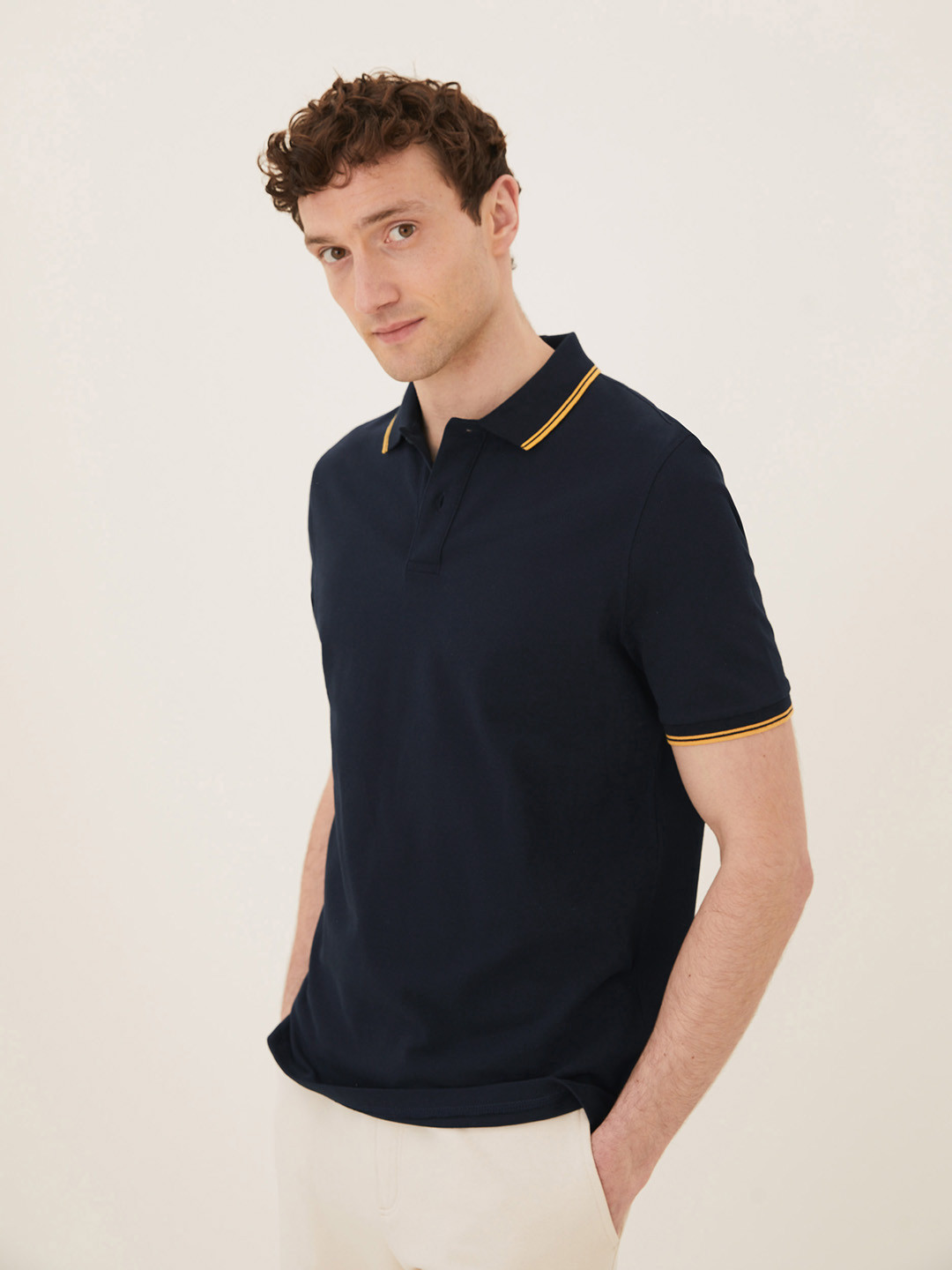 Buy Marks & Spencer Men Navy Blue Pure Cotton Solid Polo Collar T Shirt