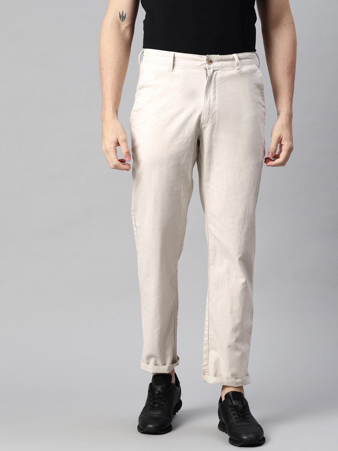 Buy Marks & Spencer Men Beige Linen Cotton Solid Trousers Trousers