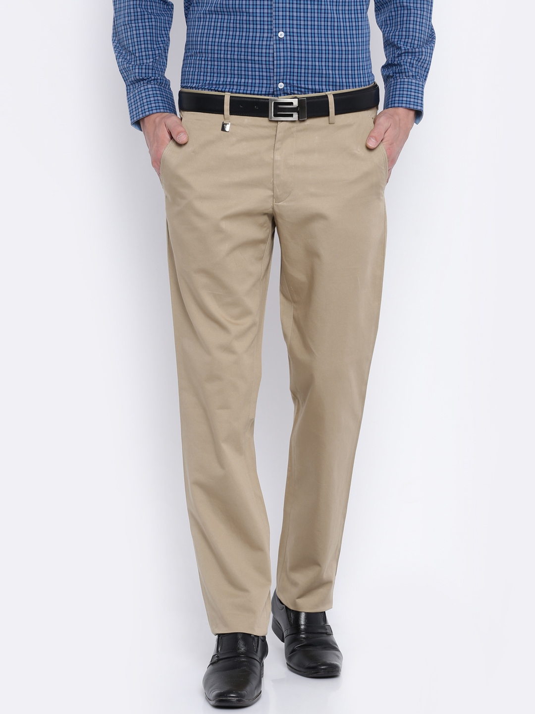 Buy Van Heusen Men Khaki Solid Slim Fit Formal Trousers - Trousers for ...