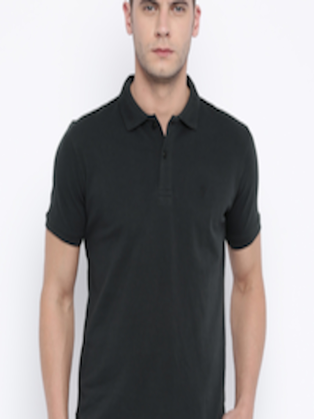 Buy Van Heusen Men Black Solid Polo Collar Pure Cotton T Shirt ...