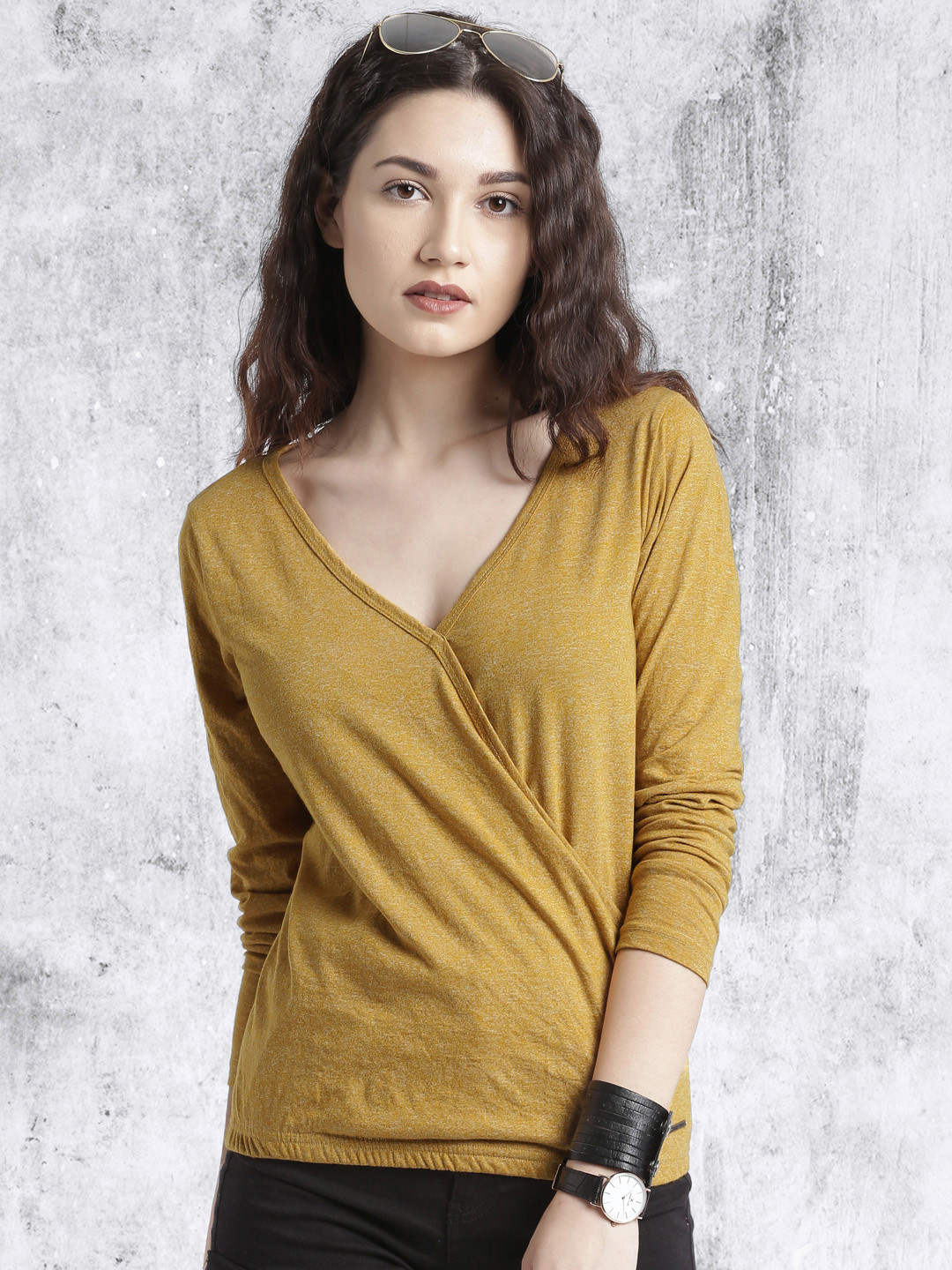 Buy Roadster Women Mustard Yellow Solid Wrap Top Tops for Women