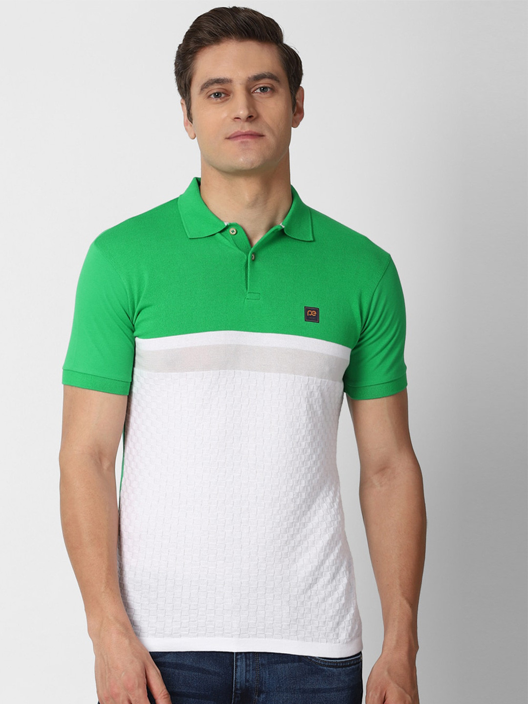 Buy Peter England Casuals Men White & Green Colourblocked Polo Collar