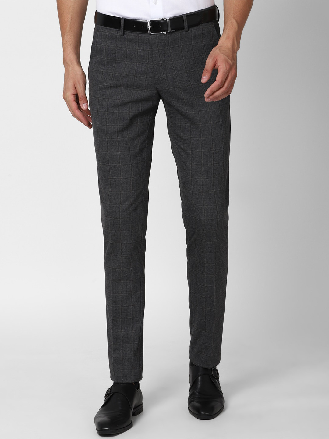 Buy Van Heusen Men Grey Slim Fit Checked Formal Trousers - Trousers for ...