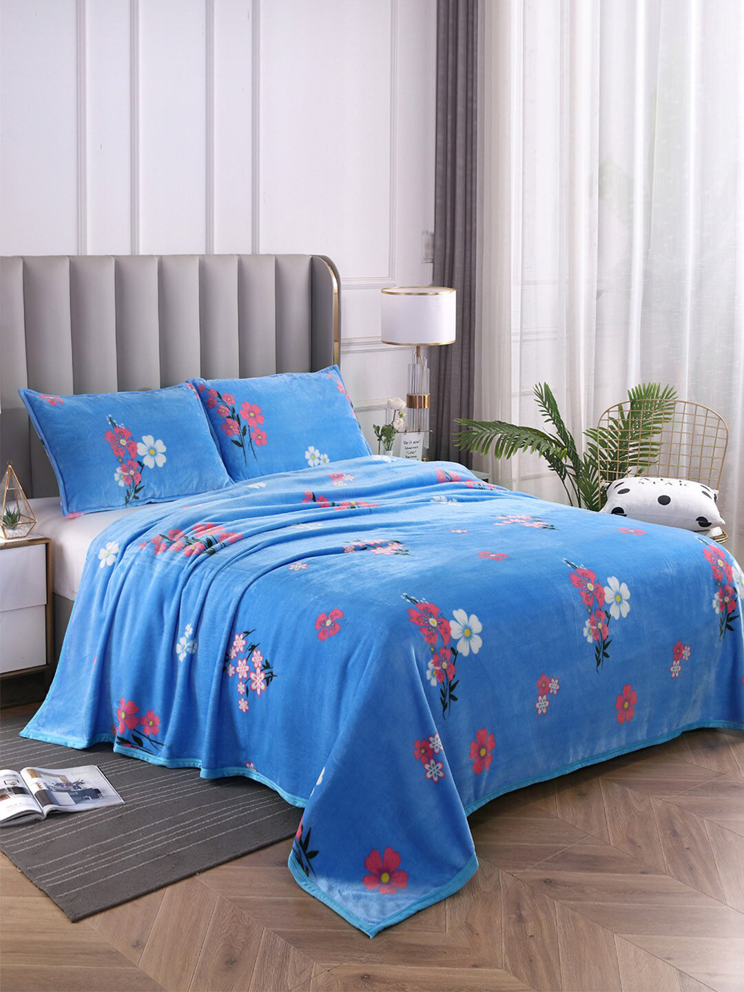 Buy JC Collection Blue White Floral Summer 300 GSM Double Bed Blanket