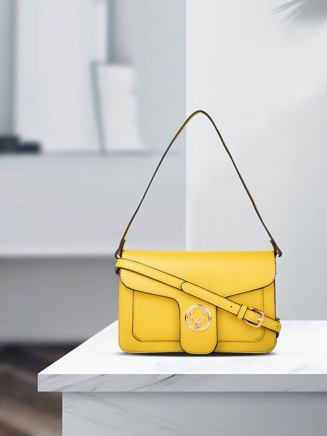 Buy Allen Solly Mustard Yellow Solid Structured Handheld Bag Handbags