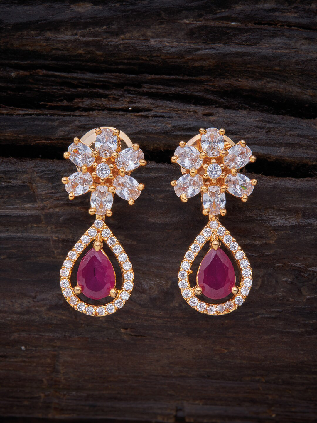Buy Kushal's Fashion Jewellery Red Gold Plated CZ Floral Drop Earrings