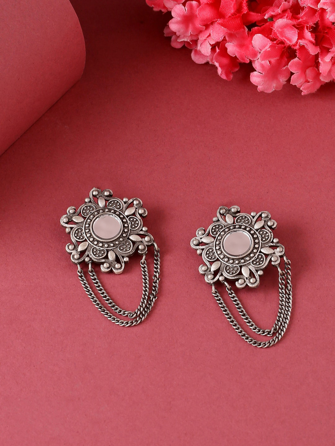 Buy VIRAASI Silver Toned Oxidised Mirror Work Drop Earrings Earrings