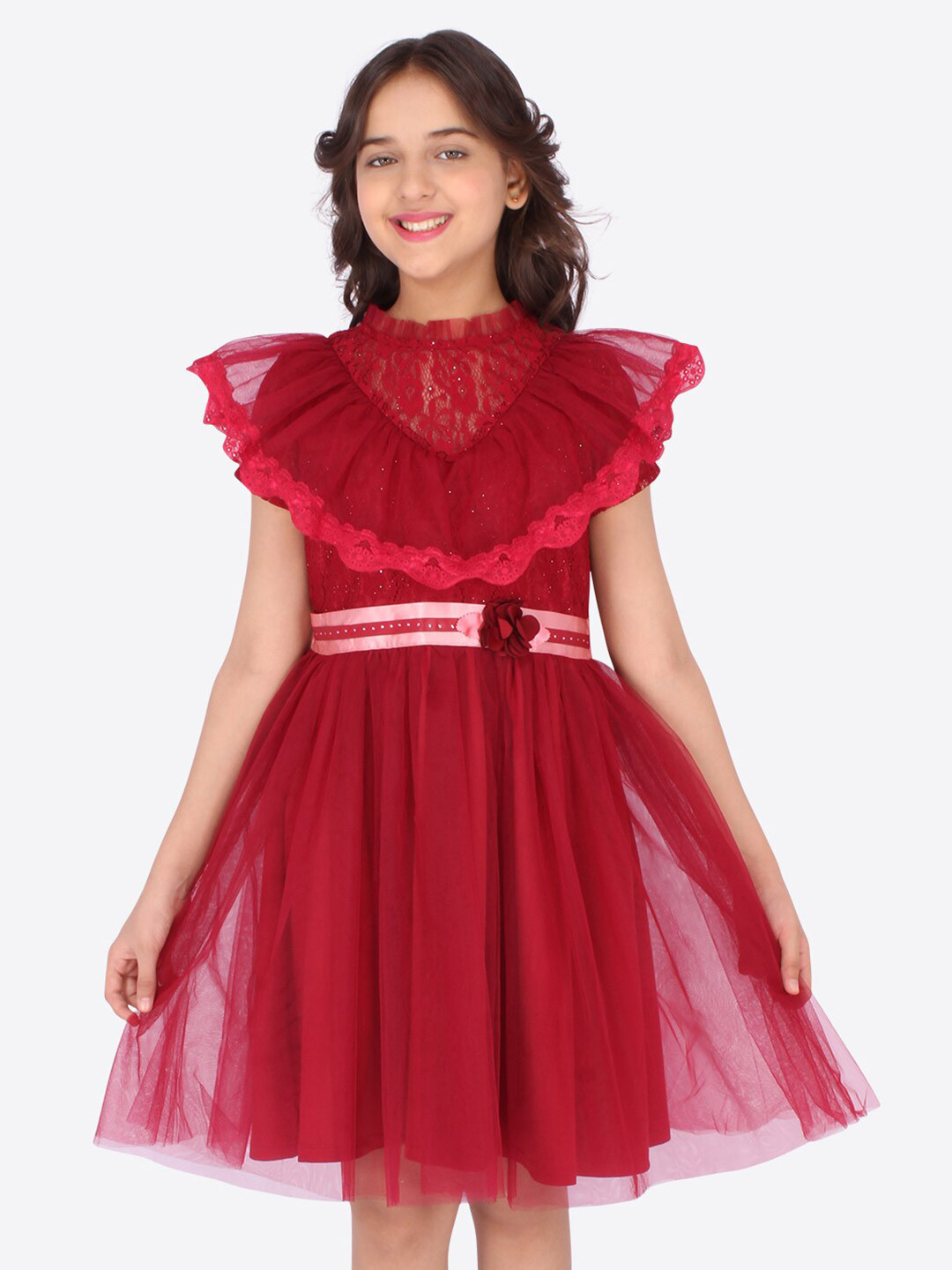 Buy CUTECUMBER Girls Maroon Applique Net Dress Dresses for Girls