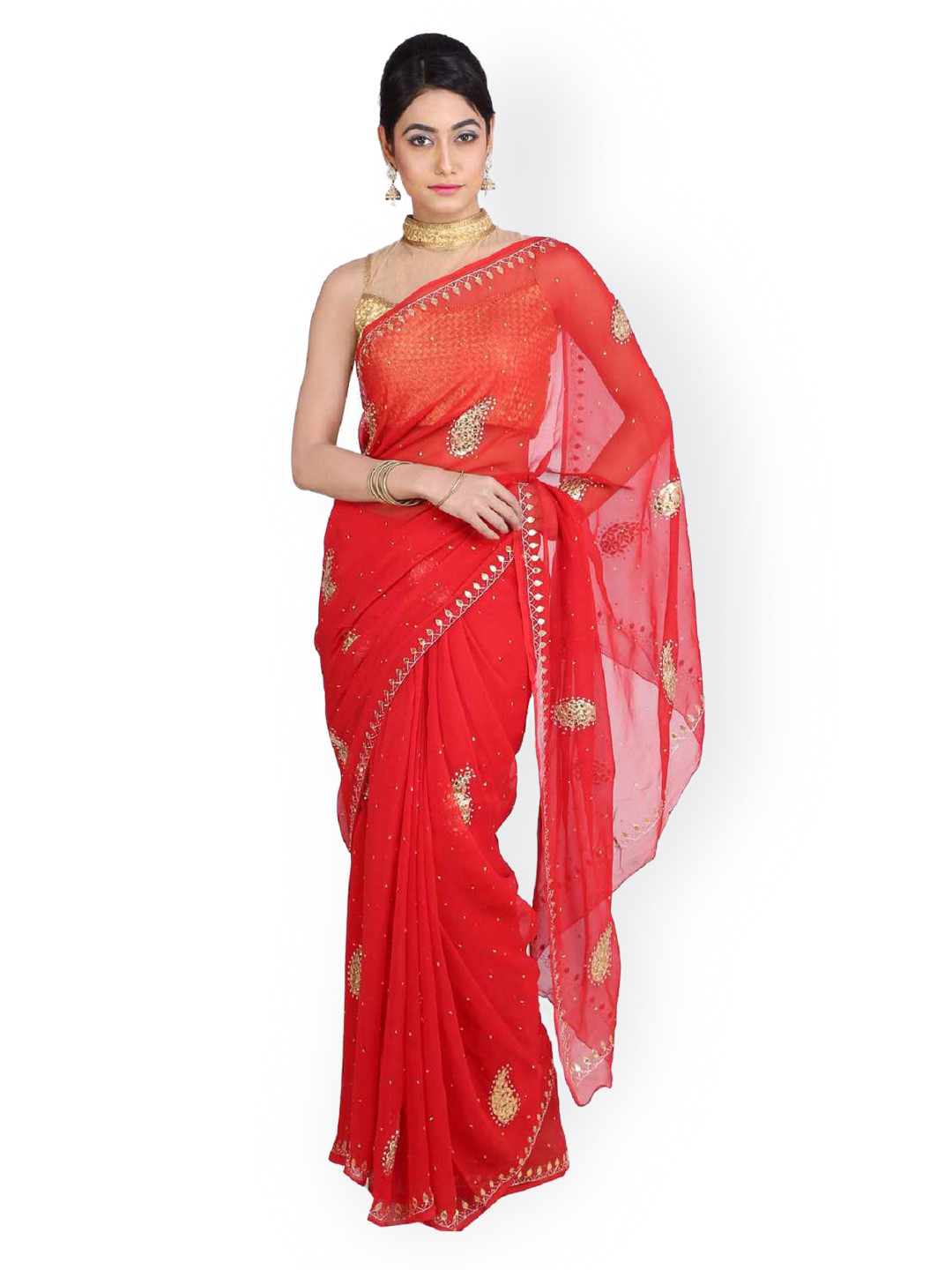 Buy Geroo Jaipur Red Hand Embroidered Chiffon Embellished Saree