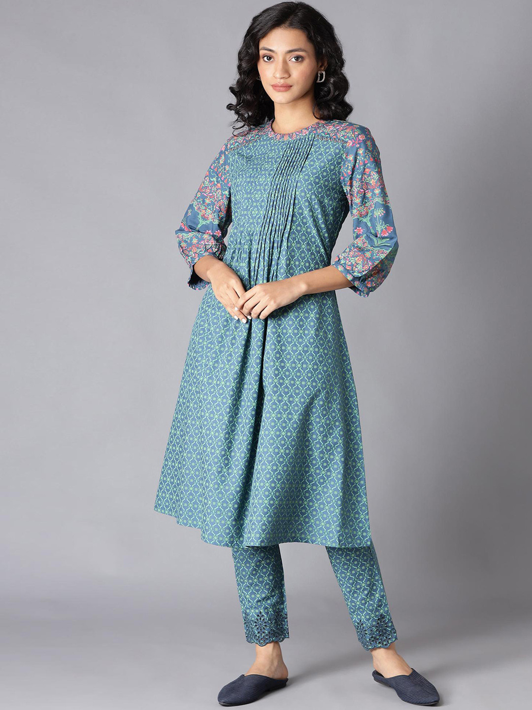 Women Teal Rayon Mirror Embroidered Anarkali Kurta with Matching Pant & Embroidered Chiffon Dupatta