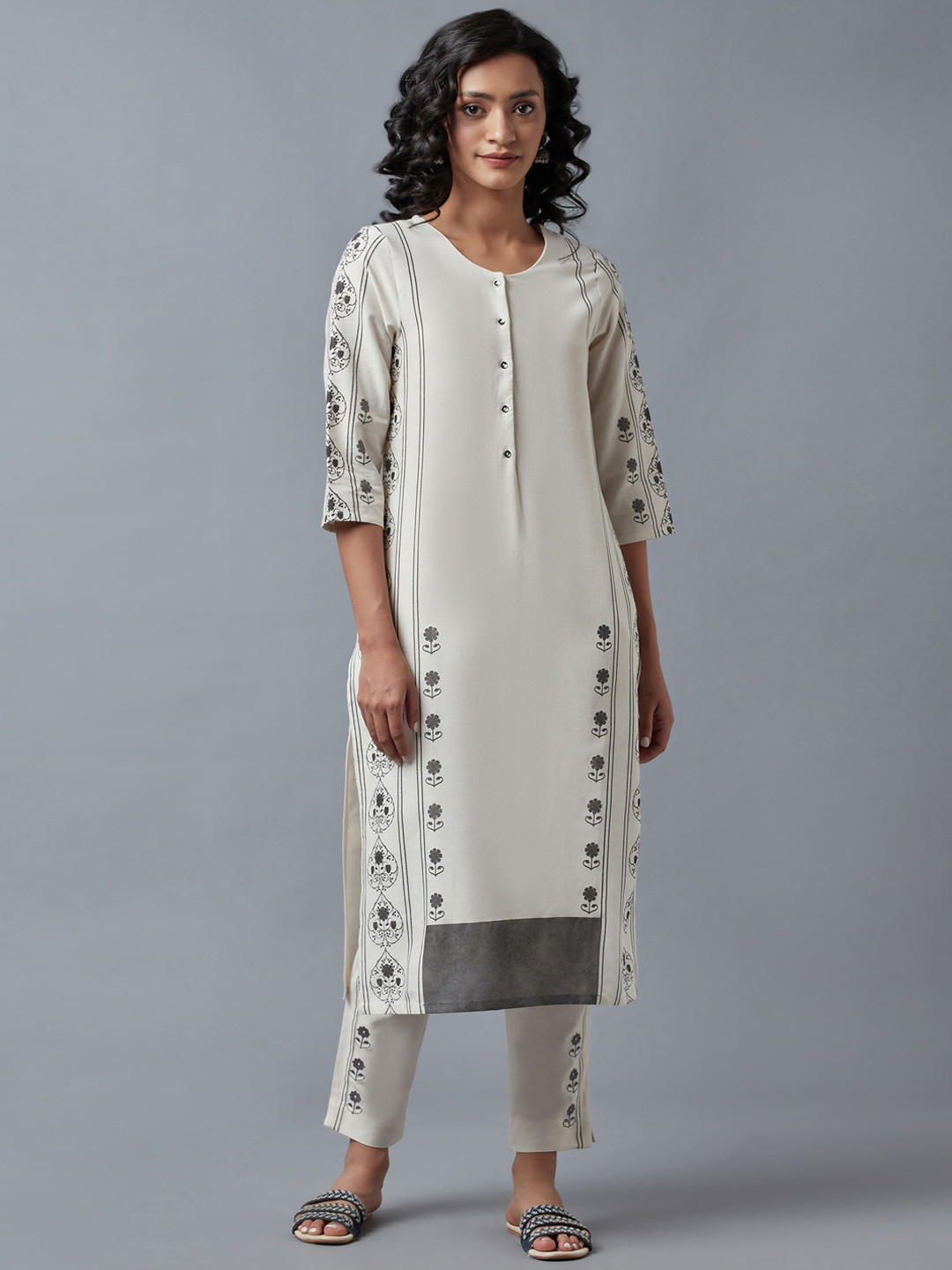 White Floral Stripe Print Kurta