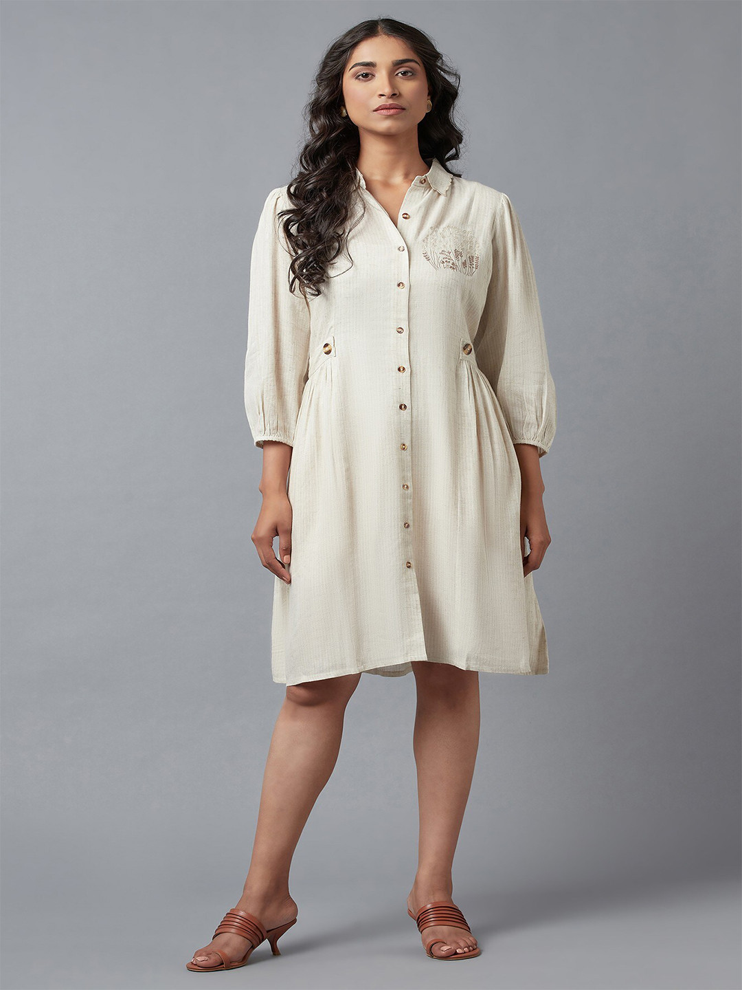 Beige Ethnic Floral Print Rayon Dress with Side Gathers