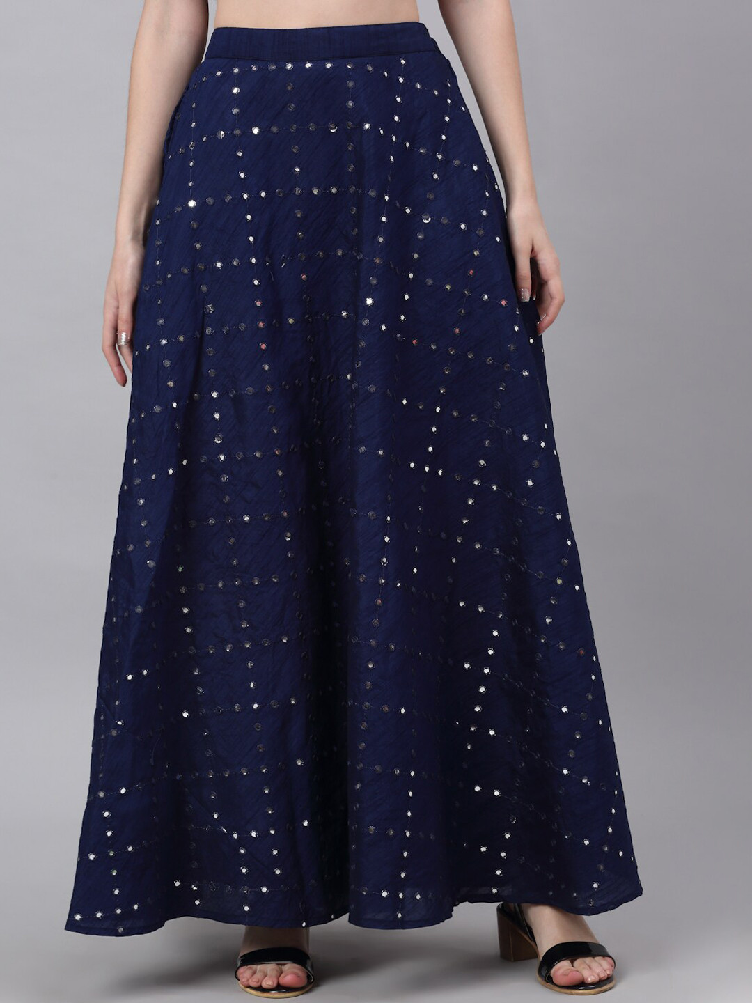 Buy NEUDIS Women Navy Blue Mirror Work Dupion Silk Flared Maxi Lehenga