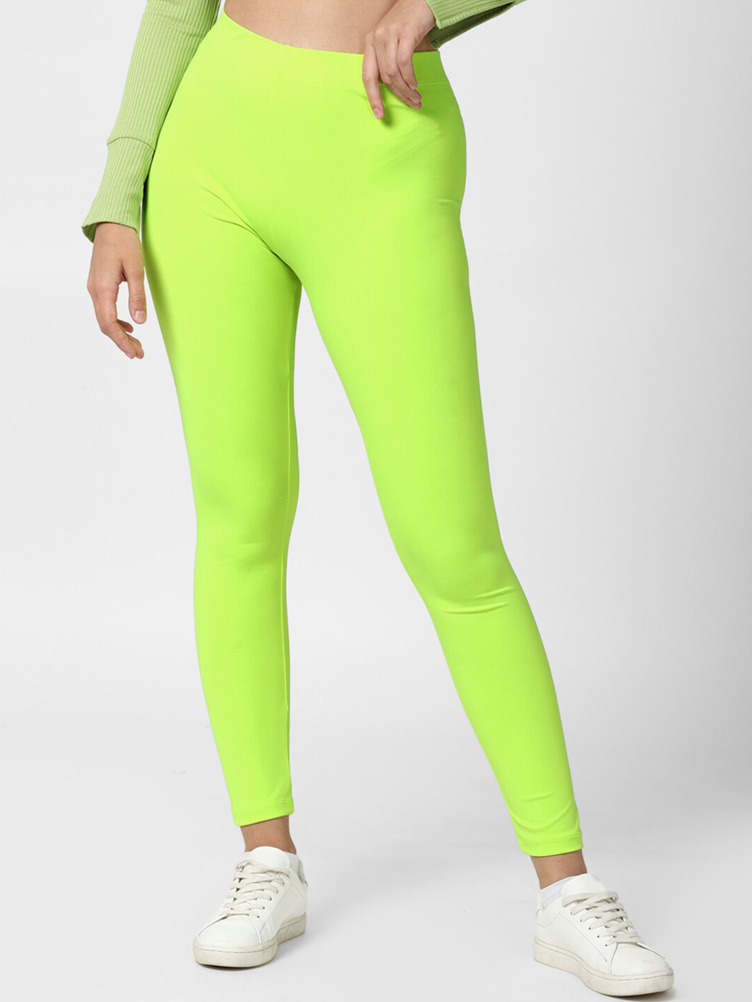 Buy Forever 21 Women Fluorescent Green Solid High Waist Leggings