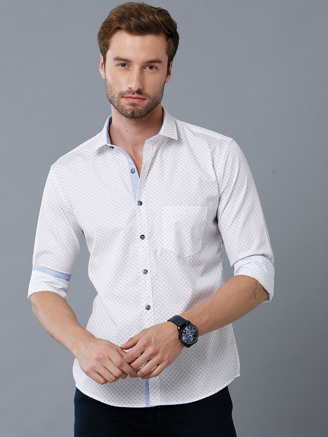 Men's White Smart Slim Fit Floral Printed Oxford Weave Cotton Casual Shirt