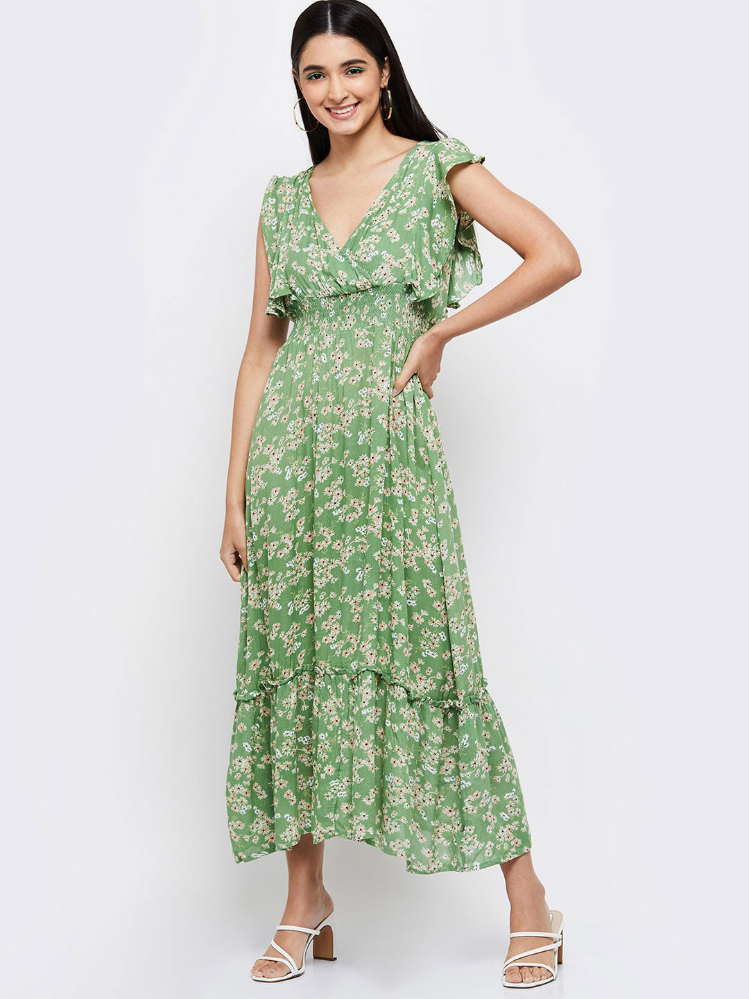 Buy Max Olive Green & White Floral V Neck Smocked Tiered Maxi Dress