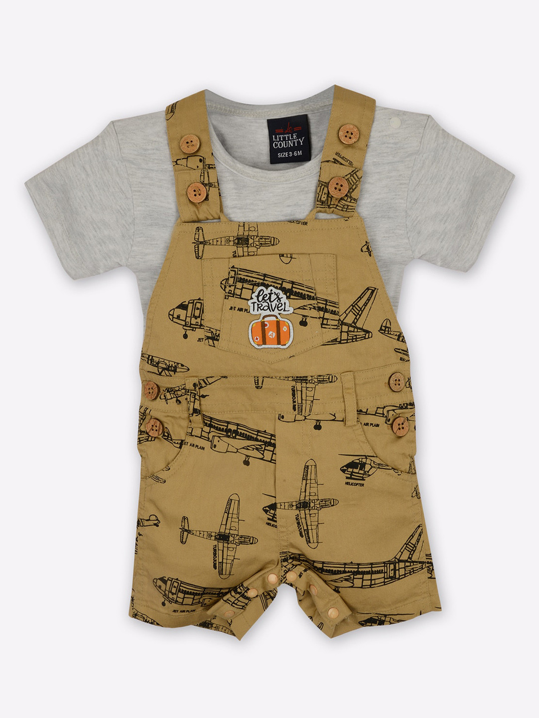 Buy Little County Infant Boys Khaki Printed Pure Cotton Dungaree With T