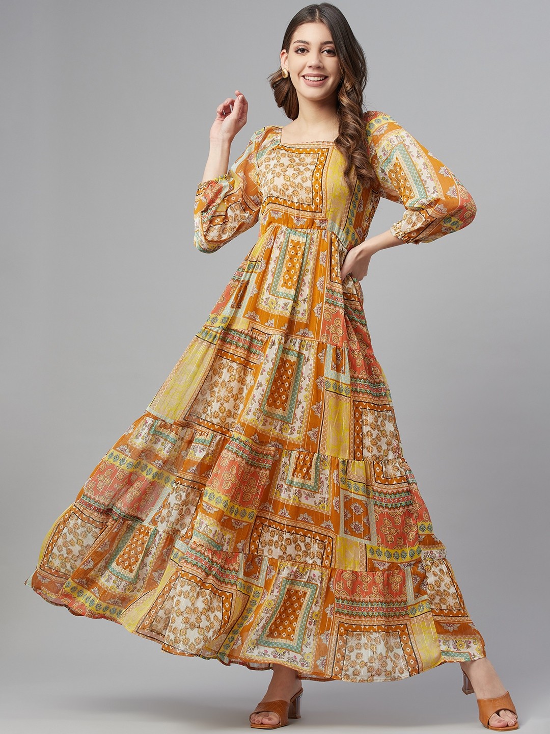 Buy Cottinfab Women Mustard Yellow Ethnic Printed A Line Maxi Dress ...