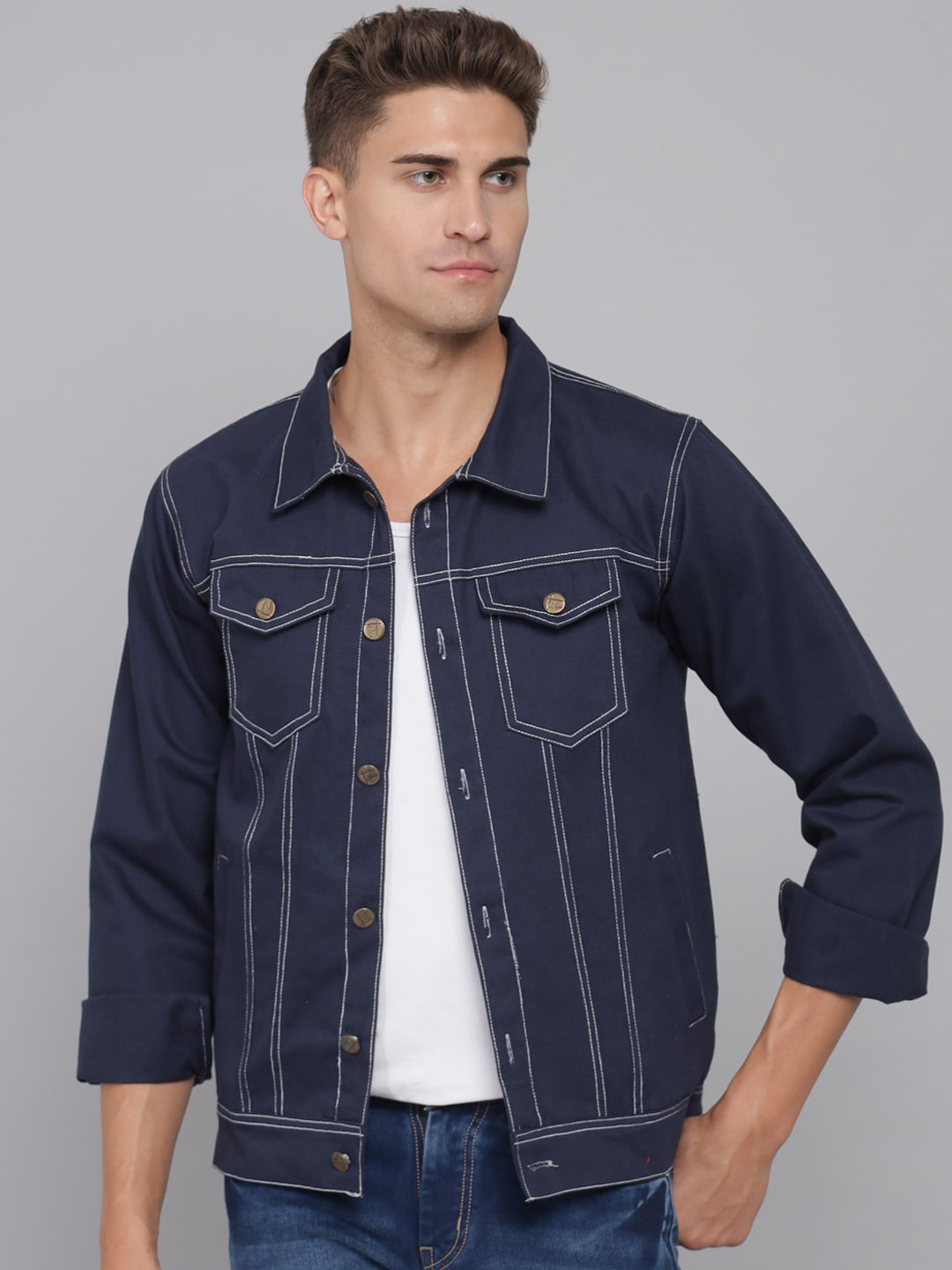 Buy FurryFlair Men Navy Blue Denim Jacket With Patchwork Jackets for