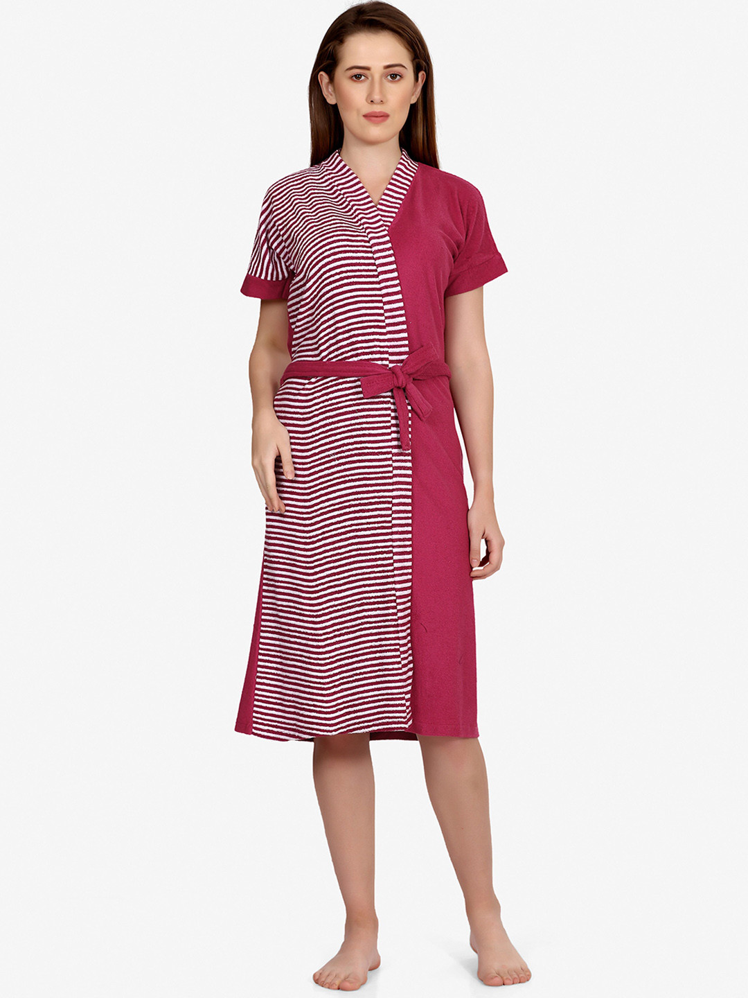 Buy Sand Dune Women Magenta Pink & White Stripped Cotton Bath Robe