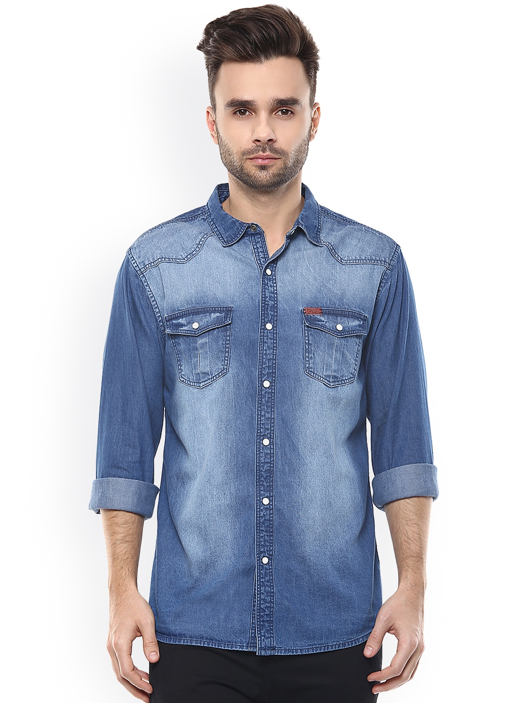 Buy SPYKAR Men Blue Slim Fit Denim Casual Shirt - Shirts for Men ...
