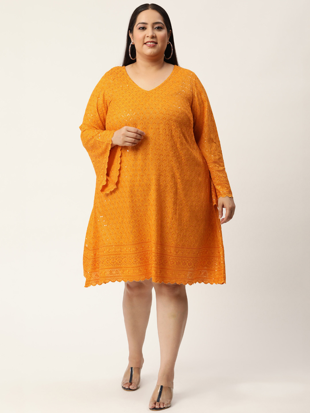 Buy Revolution Plus Size Mustard Yellow Floral Sequined Embroidered A ...